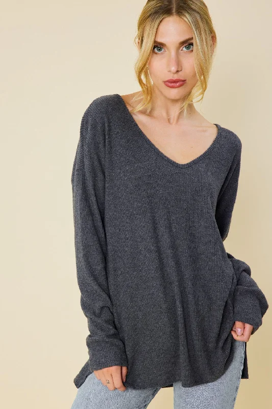 women's tops for creating capsule wardrobesCHARCOAL V-NECK SOFT TOUCH RIB KNIT TOP FSLST3067