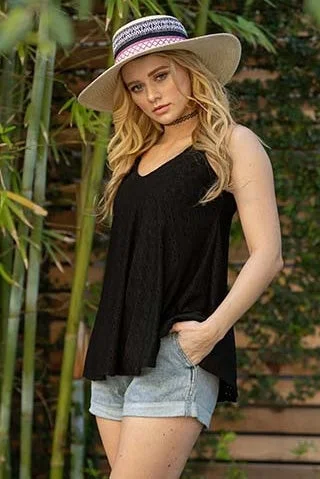 women's tops for those who value both quality and affordabilityBLACK SLEEVELESS EYELET TOP B5367