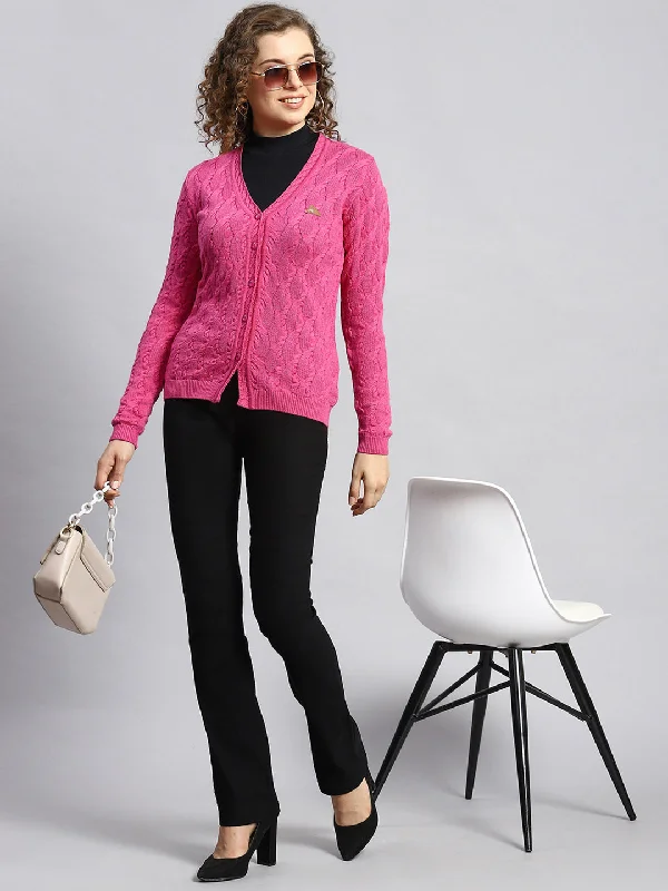 Elegant Hooded Cashmere SweatersWomen Pink Self Cardigan