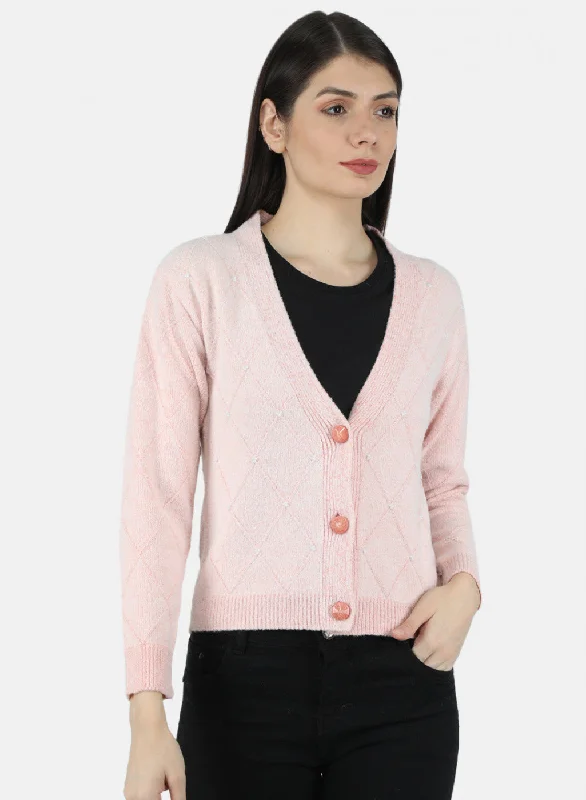 Quick-Dry Wool SweatersWomen Pink Self Design Cardigan