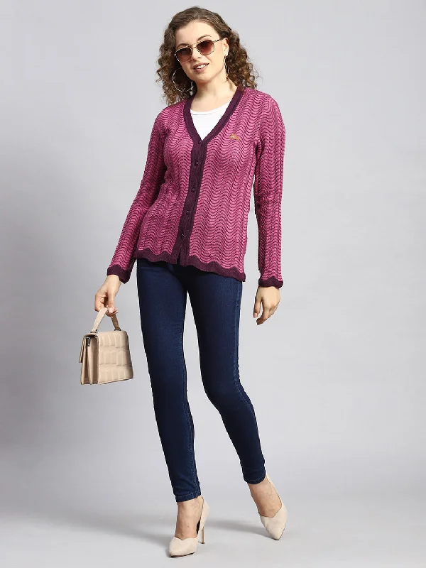 Casual SweatersWomen Pink Jaquard Cardigan