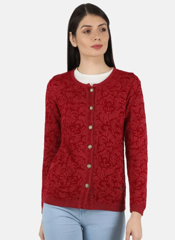 Crewneck Fair Isle SweatersWomen Red Self Design Cardigan