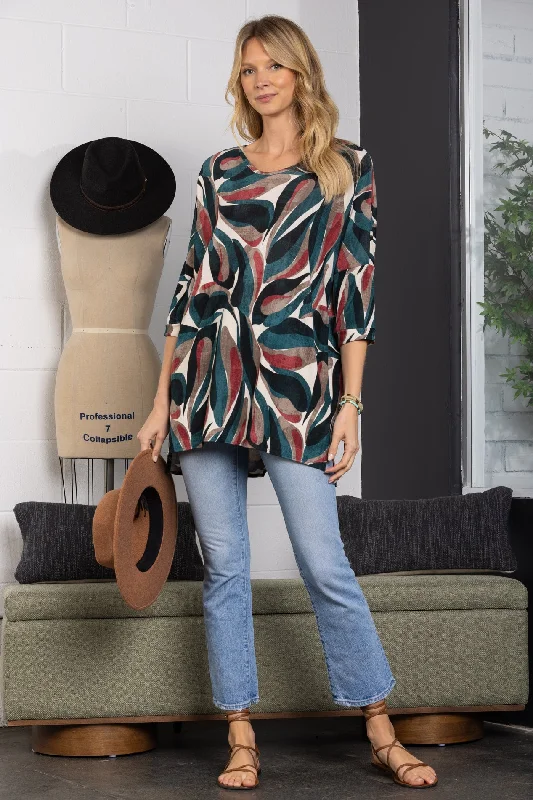 women's tops with geometric patternsTEAL DOLMAN 3/4 SLEEVES TUNIC TOP-B5781-D