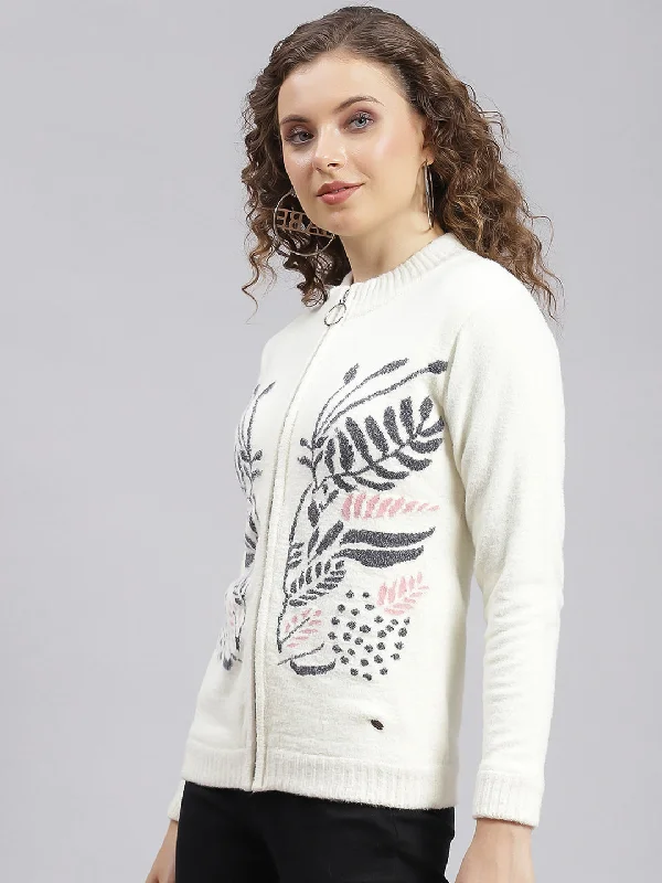 Fair Isle SweatersWomen White Self Design Wool blend Cardigan