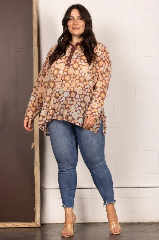 women's tops with cinched waistsBROWN MANDARIN COLLAR FLORAL PRINT PLUS SIZE TOP T7538