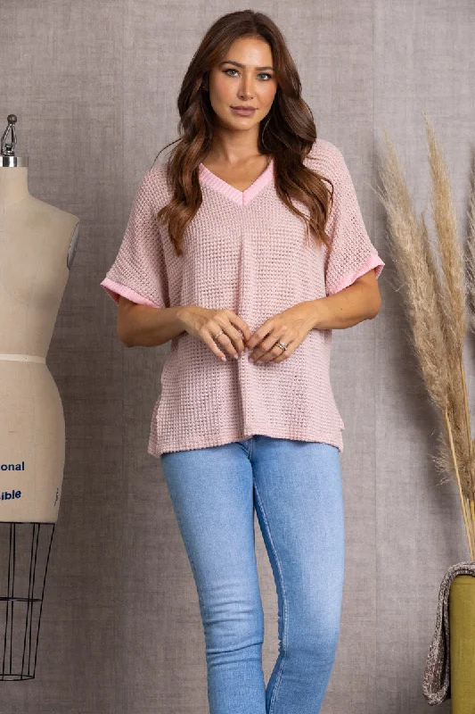 women's tops made from cottonPINK- V-NECK DOLMAN SHORT SLEEVES KNIT TOP-T7879