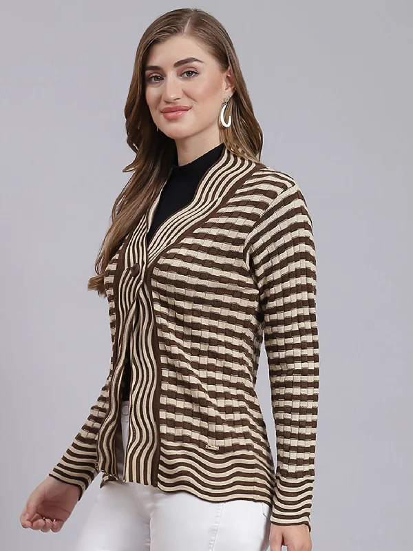 Designer Funky Hooded SweatersWomen Beige & Brown Stripe Wool blend Cardigan