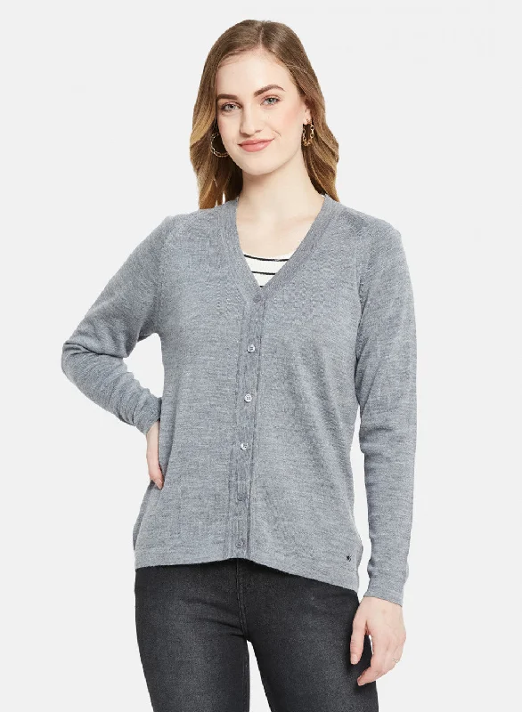 Hooded Cashmere SweatersWomen Grey Solid Cardigan