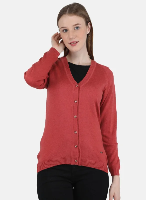 Patterned Cashmere SweatersWomen Red Solid Cardigan