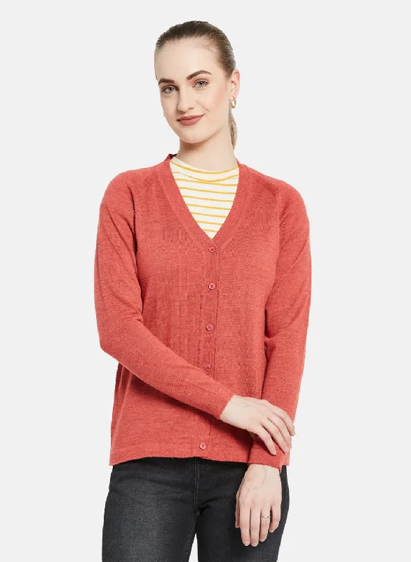 Plus-Size Flannel SweatersWomen Light Red Solid Cardigan