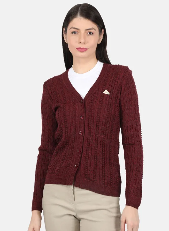 Fitted High-Quality Wool SweatersWomen Maroon Self Design Cardigan