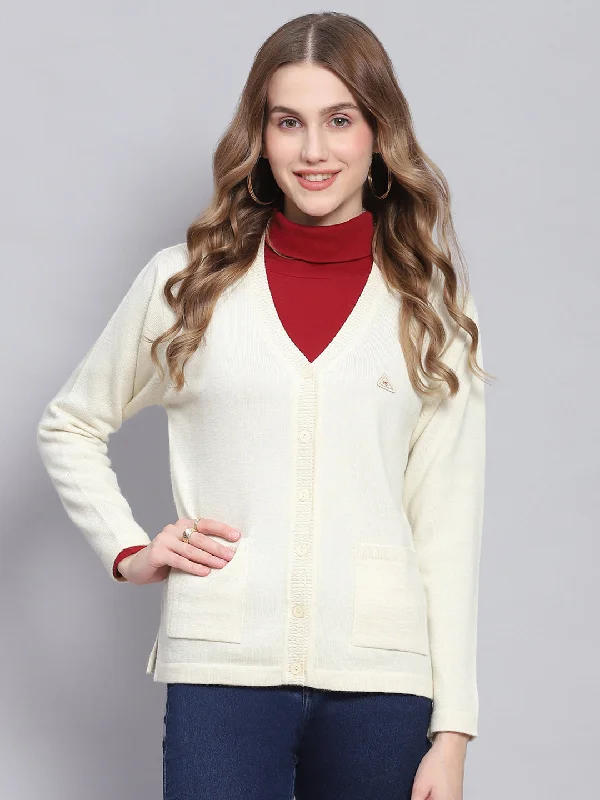 Soft Thick Cashmere SweatersWomen Off White Solid V Neck Full Sleeve Cardigans