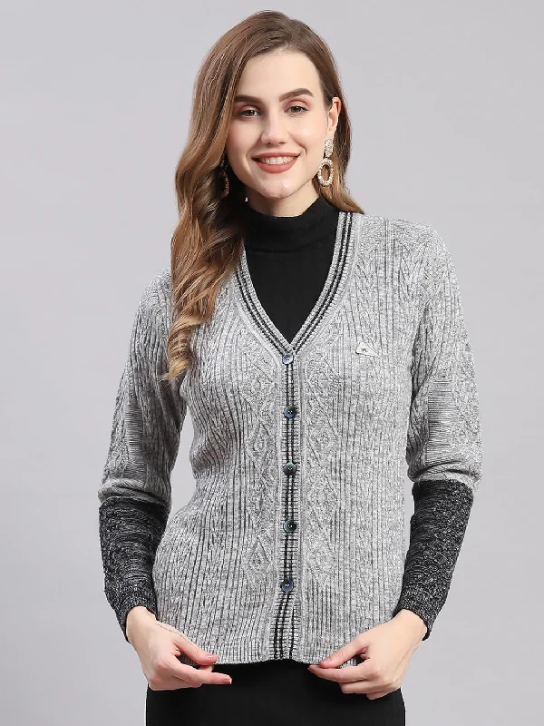 Funky Hooded SweatersWomen Grey Self Design V Neck Full Sleeve Cardigans