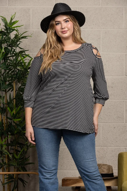 women's tops for those who want to create stylish and put-together outfits without spending a fortuneBLACK STRIPES COLD SHOULDER PLUS SIZE KNIT TOP-T3619