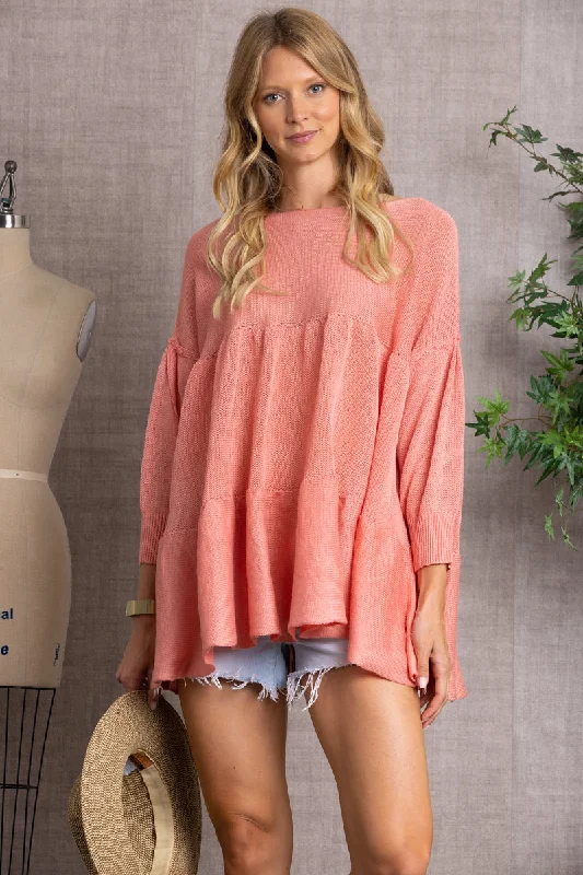 women's tops for cozy nights inCORAL CABLE KNIT BABYDOLL TUNIC TOP-TI10408