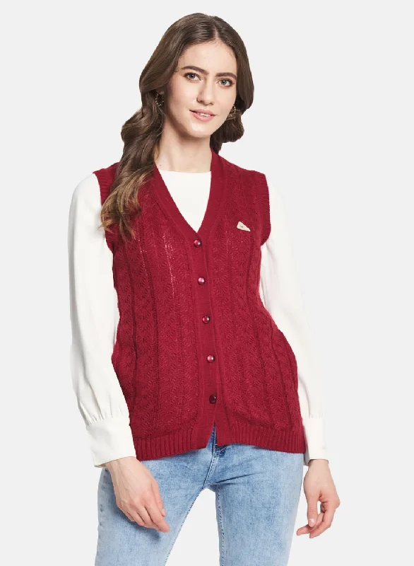 Plus-Size Flannel SweatersWomen Maroon Self Design Cardigan