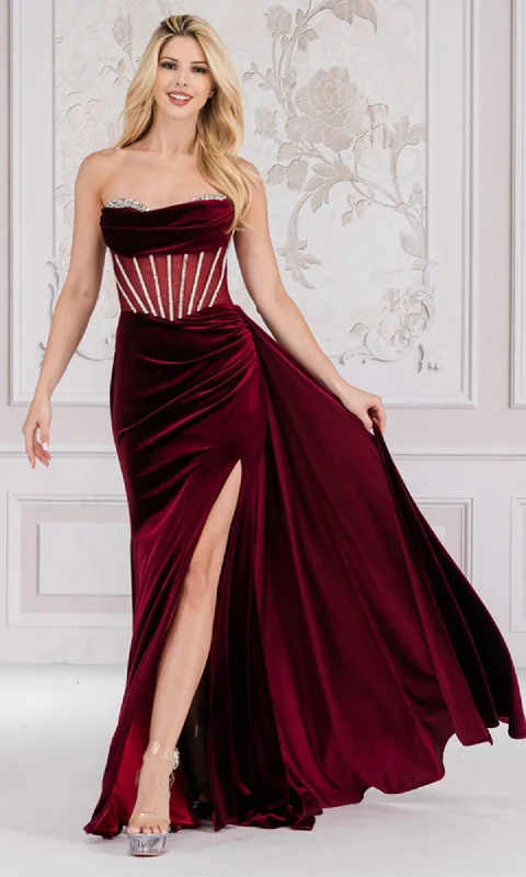 affordable prom dressesSheer-Waist Strapless Long Velvet Prom Dress 5051