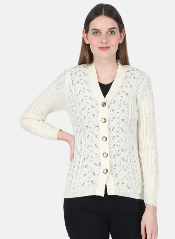 Vintage SweatersWomen Off White Self Design Cardigan