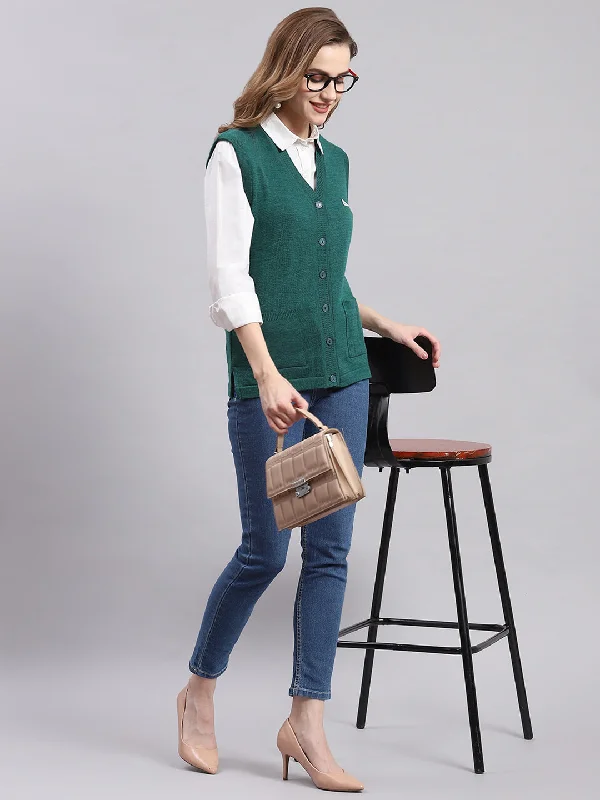 Cardigan SweatersWomen Green Solid V Neck Sleeveless Cardigans