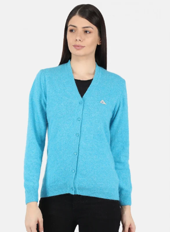 Fitted Cashmere SweatersWomen Blue Solid Cardigan