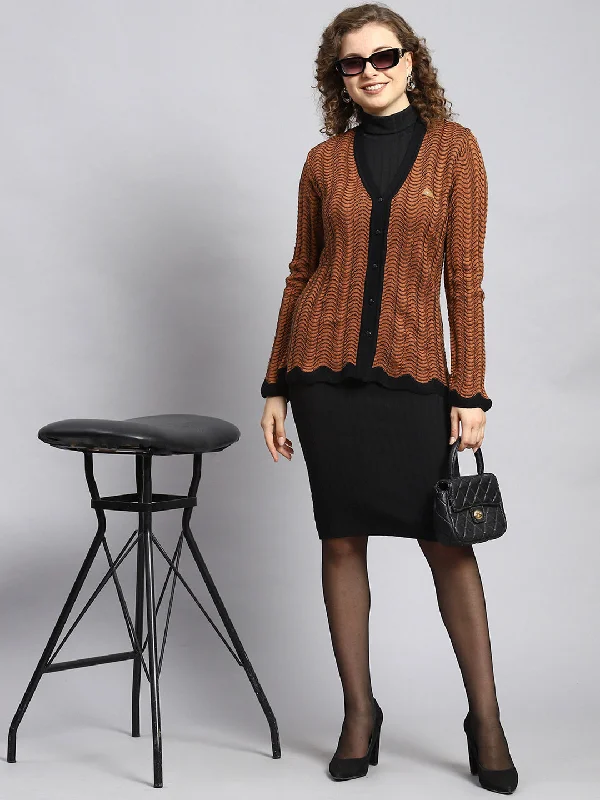 Dressy SweatersWomen Brown Jaquard Cardigan