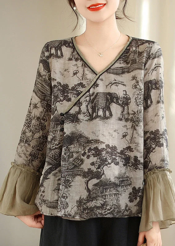 women's tops with ruffled hemsArt Grey Print Patchwork Linen Shirt Tops Flare Sleeve