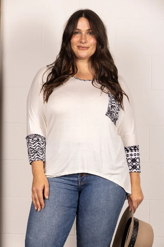 women's tops with built-in brasWHITE AZTEC PRINT 3/4 SLEEVES PLUS SIZE TOP CT43041