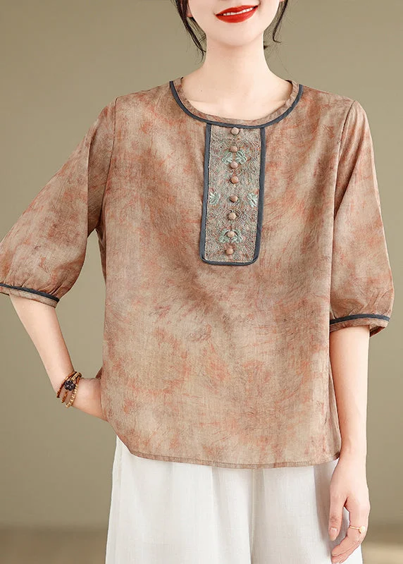 women's tops with embroidery detailsFine Khaki Embroidered Tie Dye Linen Top Summer