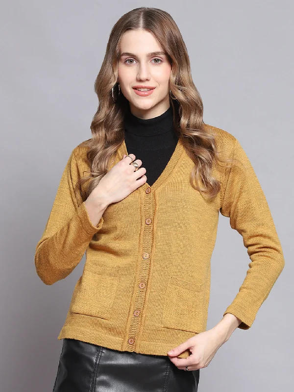 Cozy Custom Embellished SweatersWomen Yellow Solid V Neck Full Sleeve Cardigans