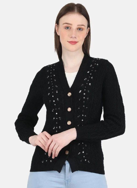 Wool SweatersWomen Black Self Design Cardigan