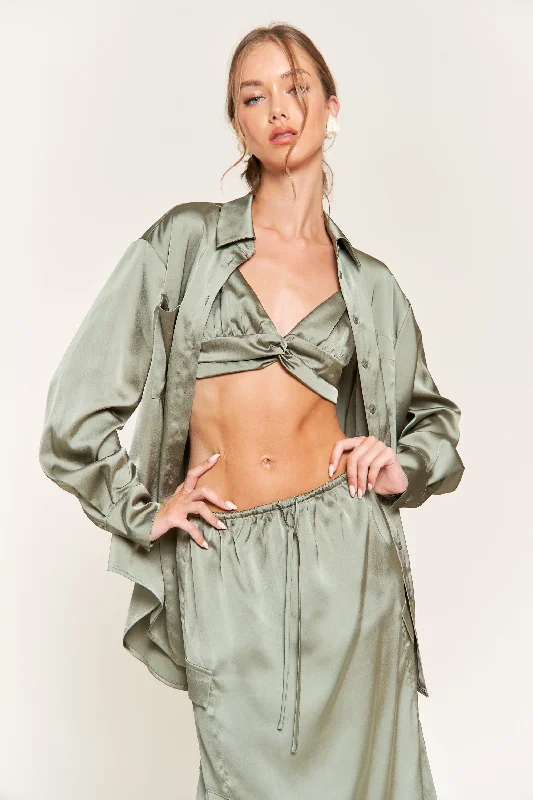 off-the-shoulder women's topsSAGE GREEN COLLARED BLOUSE AND CROP TOP ST10019