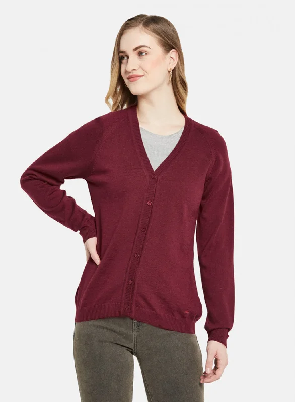 Custom SweatersWomen Maroon Solid Cardigan