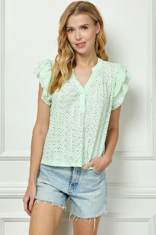 women's tops for casual FridaysMINT V-NECK RUFFLE SLEEVES EYELET KNIT TOP AVT51002K