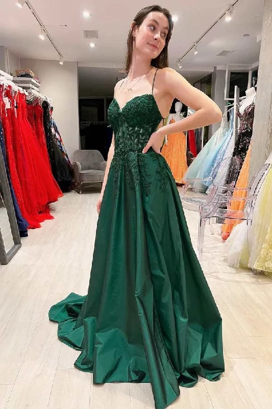 flowy prom dressesGreen Floral Appliques Lace-Up A-Line Prom Dress Y6326