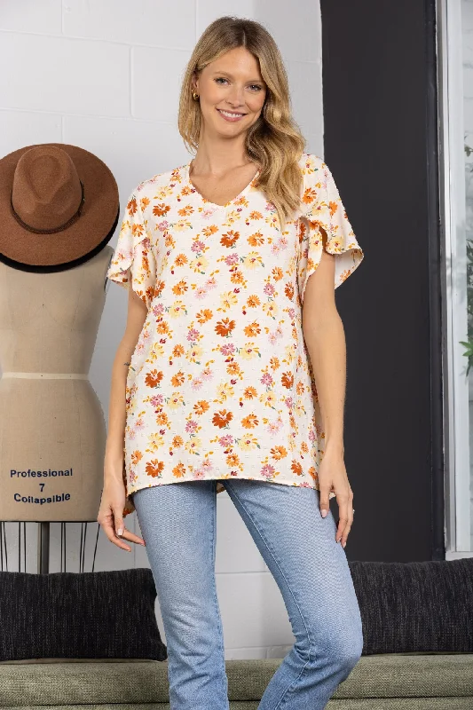 tank tops for womenCREAM SWISS DOTS FLORAL PRINT TUNIC TOP-T1997