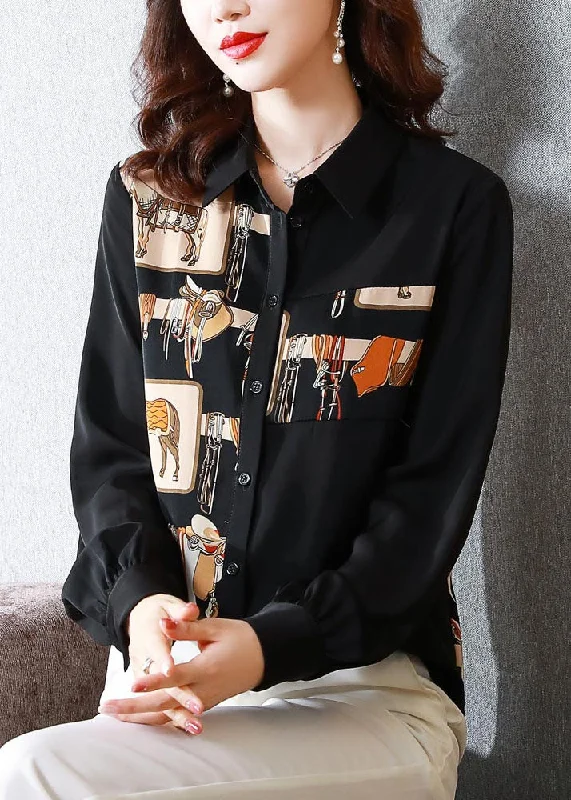 women's tops for fashion-forward individualsNatural Black Long sleeve Patchwork Spring Shirt Tops