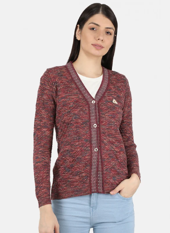 Retro Stylish Flannel SweatersWomen Maroon Self Design Cardigan