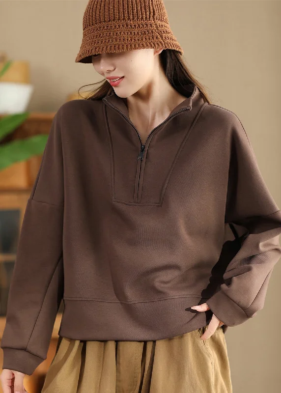 trendy women's topsBrown Oversized Cotton Pullover Sweatshirt Zip Up Spring