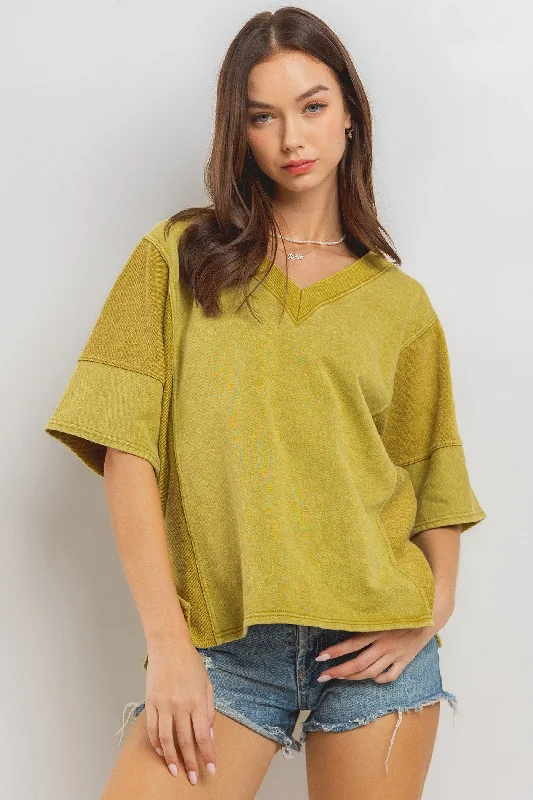 silk women's topsAPPLE GREEN V-NECK MINERAL WASHED COTTON TERRY TOP CFTIC13233