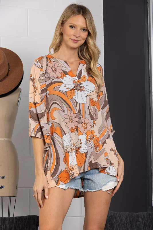 off-the-shoulder women's topsTAUPE FLORAL PRINT MANDARIN COLLAR 3/4 SLEEVES TOP-B30207-