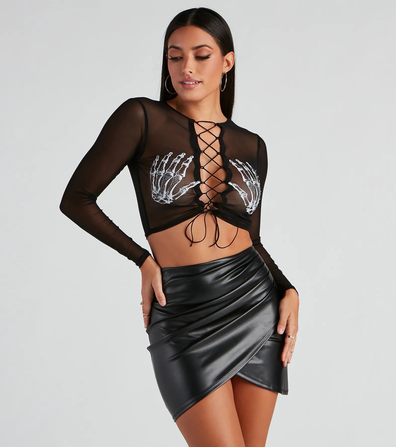 breathable women's tops for summerSultry Skeleton Lace-Up Crop Top