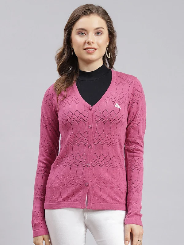 Chunky SweatersWomen Pink Jaquard Wool blend Cardigan