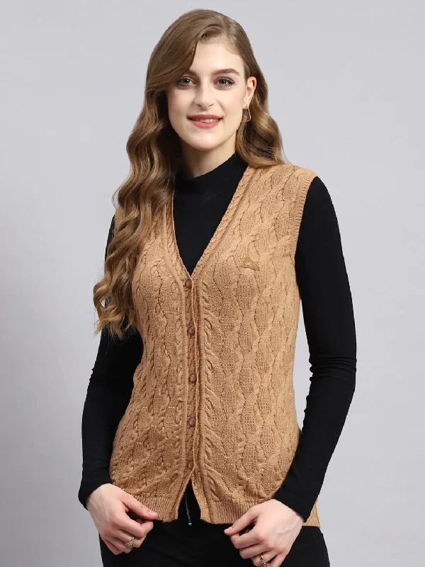 Affordable Women's SweatersWomen Brown Self Cardigan