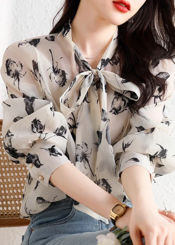 women's tops that offer a perfect blend of style, comfort, and affordabilityFrench Apricot Print Lace Up Chiffon Shirts Spring