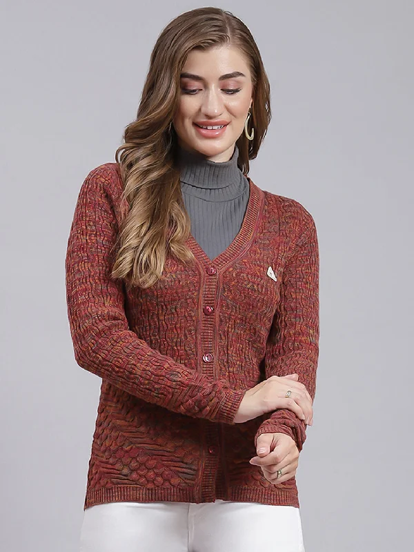 Oversized Patterned Cashmere SweatersWomen Maroon Jaquard Wool blend Cardigan