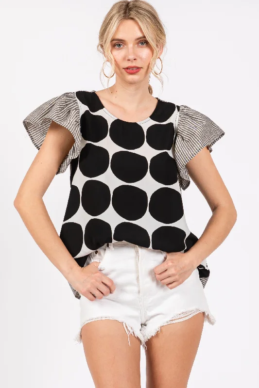 women's tops with flutter sleevesBLACK POLKADOT RUFFLED SHORT SLEEVES BLOUSE TOP CFTLU13441CPA