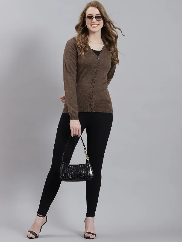 Fitted High-Quality Wool SweatersWomen Brown Solid Cardigan