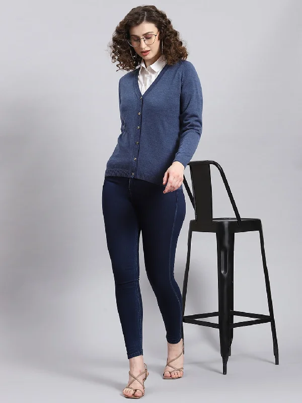 Luxurious SweatersWomen Blue Solid V Neck Full Sleeve Cardigan