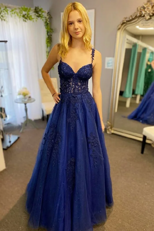 prom dresses with pocketsNavy Blue Appliques Sweetheart A-Line Long Prom Dress Y6449