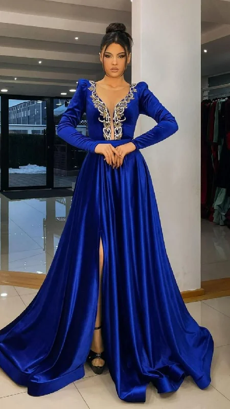 off-shoulder prom dressesRoyal Blue Long Sleeve Evening Dresses A Line Caftan Saudi Arabia Prom Gowns Side Split Occasion Dresses Y4938